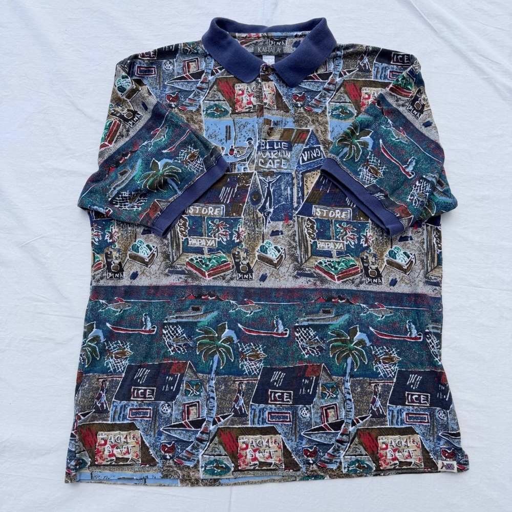 Vintage 90s Kahala Hawaiian Polo‎ Shirt Mens Large Blue Marlin Cafe AOP